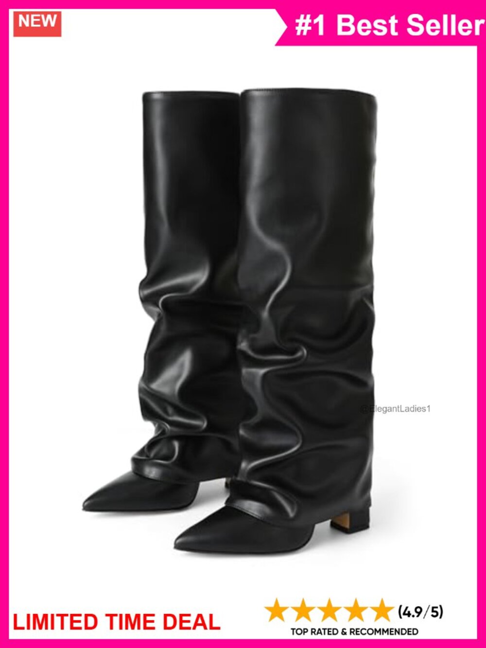 Wide Calf Knee High Boots Chunky Block Heel Fold Over Slip On